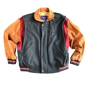 Vtg 90's Gant Mens Wool Leather Varsity Bomber Jacket Black Tan Red Colorblock L